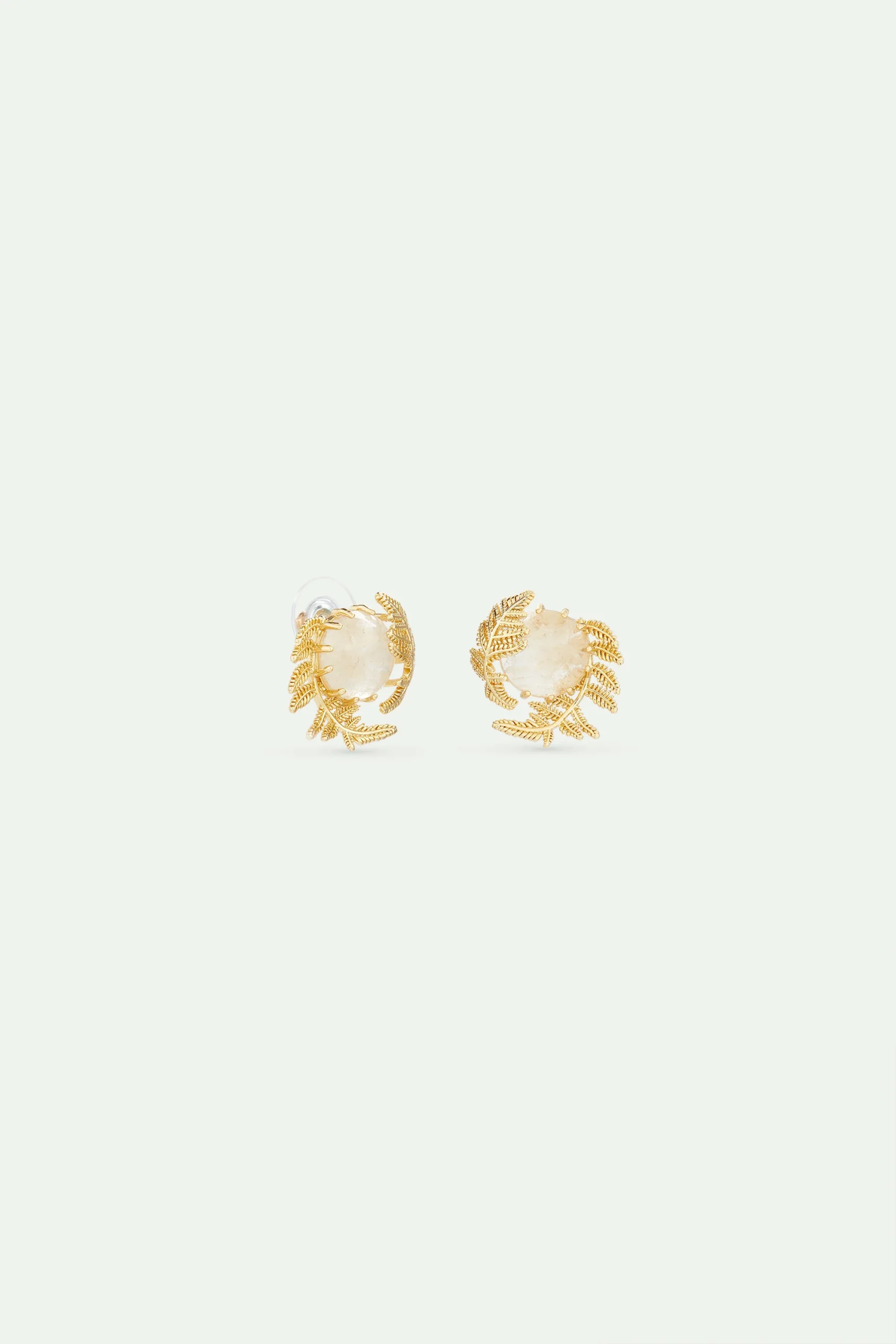 Boucles d'oreilles cristal de roche rond et fougères dorées – Image 2