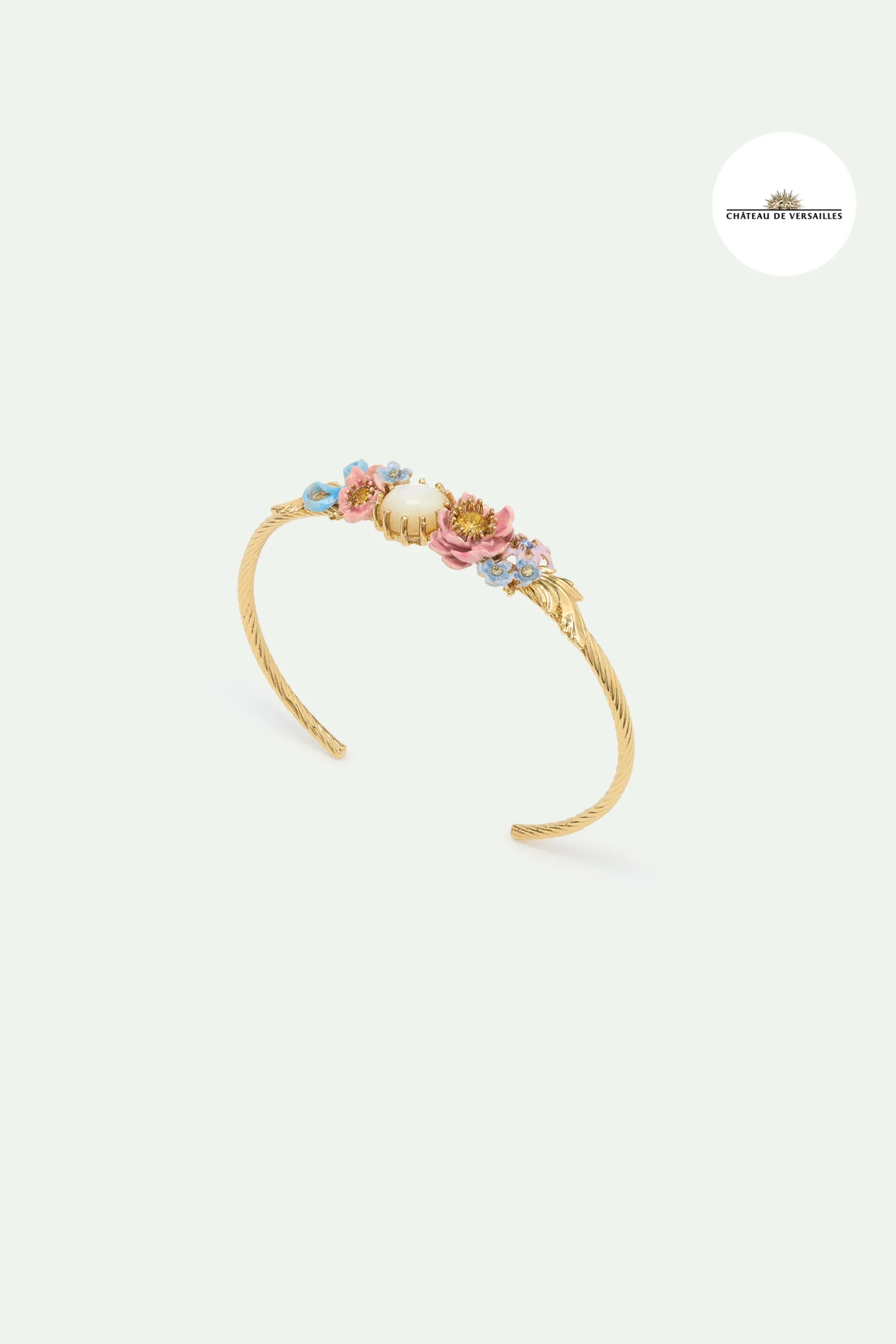 Bracelet jonc fleurs roses et bleues et pierre ronde nacrée
