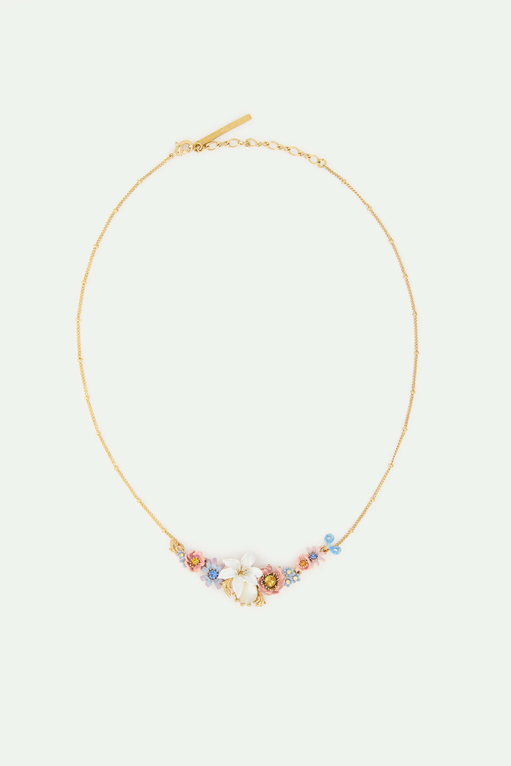 Collier plastron fleurs roses et bleues, fleur de lys et pierre ronde nacrée – Image 4