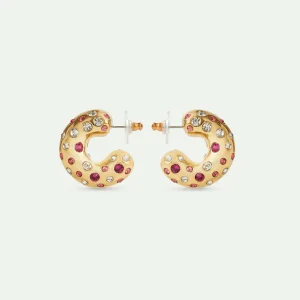 Boucles d'oreilles créoles dorées et cristaux roses et blancs