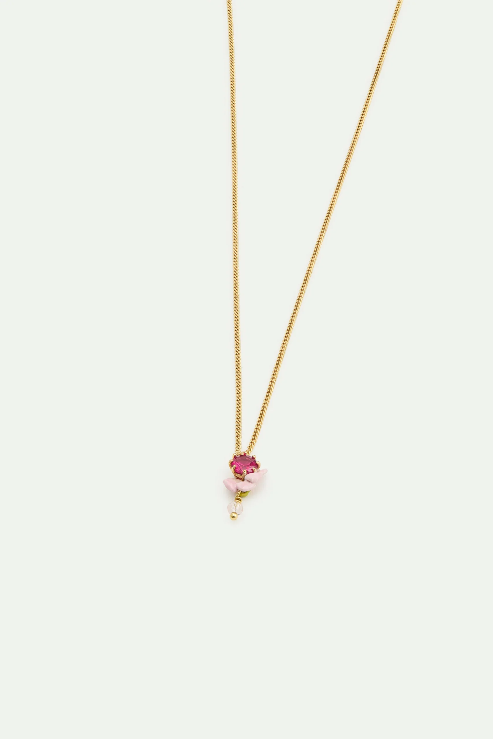 Collier pendentif verre taillé, glycine rose et perle de cristal facetté blanche – Image 2
