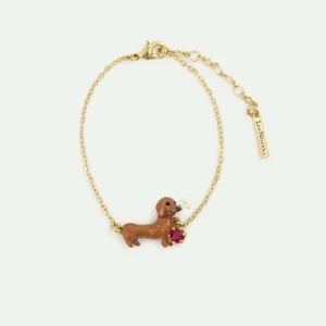 Bracelet fin teckel, marguerite et cristal rouge