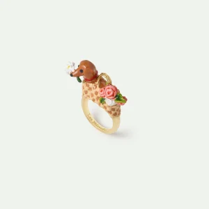 Bague panier, teckel et bouquet de fleurs