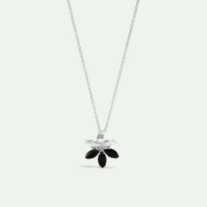 Collier pendentif argenté fleur de lys et pierres noires