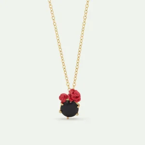 Collier pendentif pierre ronde facettée noire et roses rouges