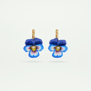 Boucles d'oreilles dormeuses pensée bleu et cristal