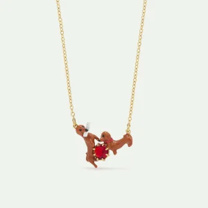 Collier plastron teckels et pierre ronde rouge