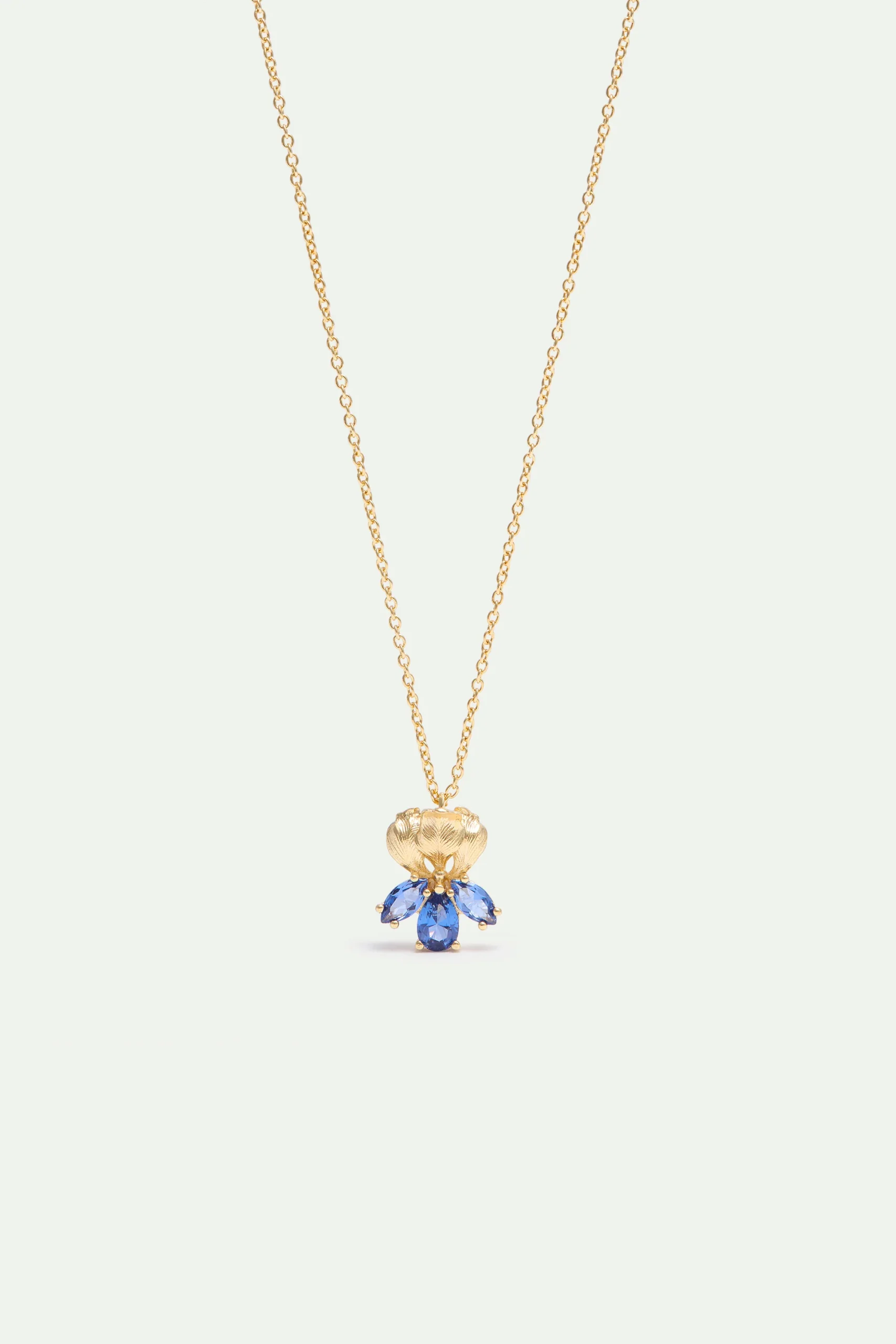 Collier pendentif doré iris et pierres bleues