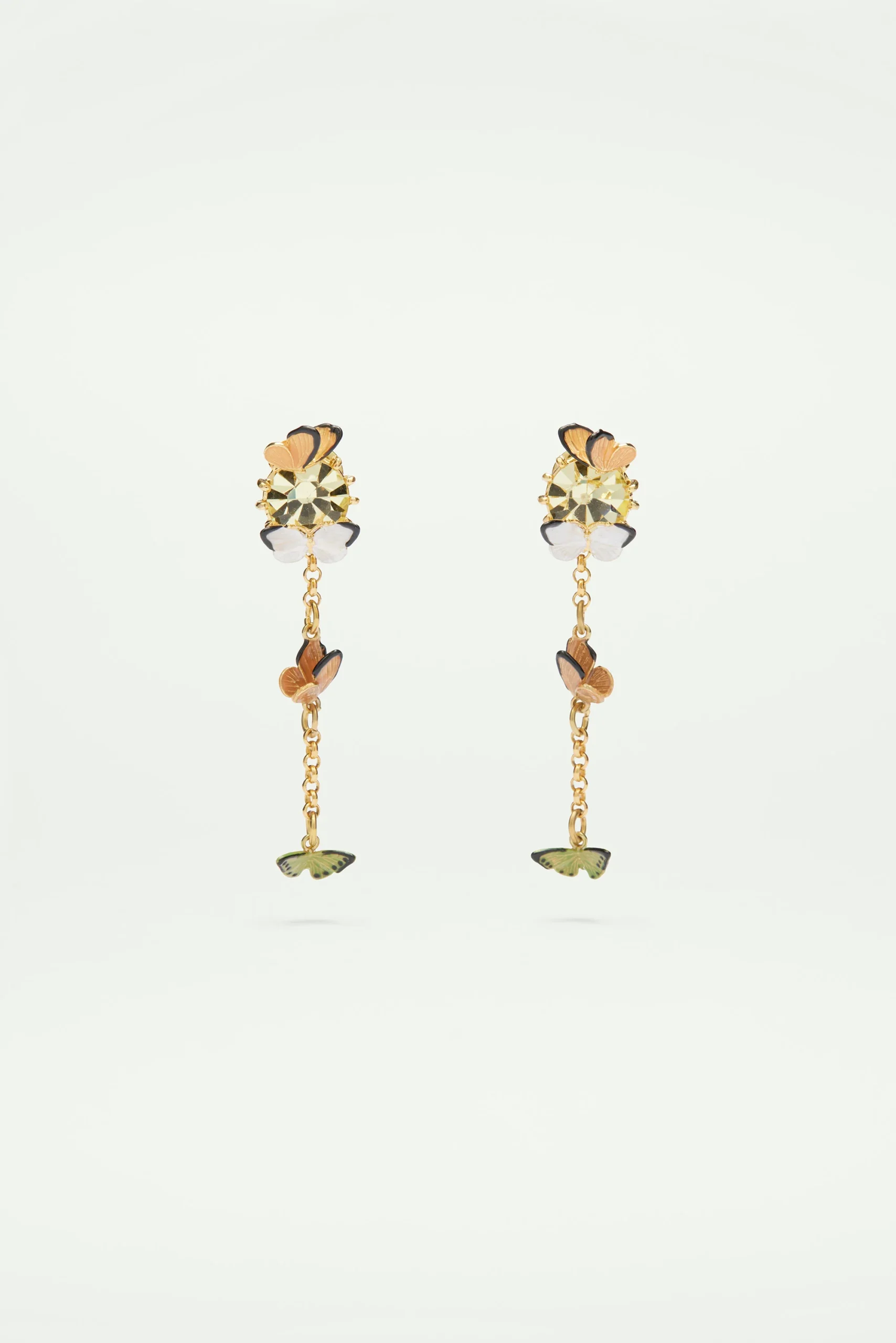 Boucles d'oreilles tiges pendantes papillons et pierre en verre taillé