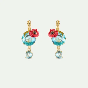 Boucles d'oreilles dormeuses pierres rondes bleues et coquelicot