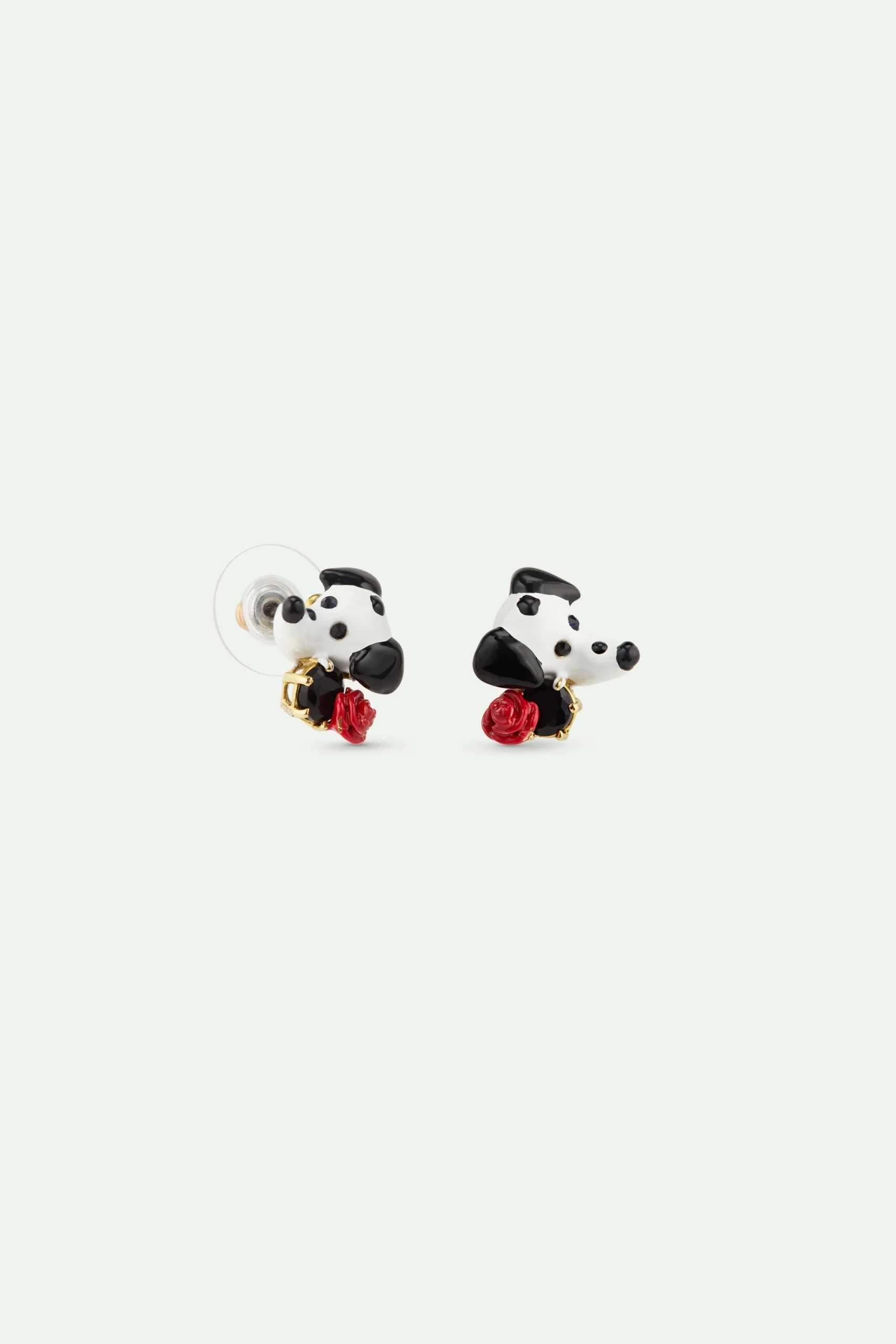 Boucles d'oreilles dalmatien, pierre ronde facettée noire et rose rouge – Image 3