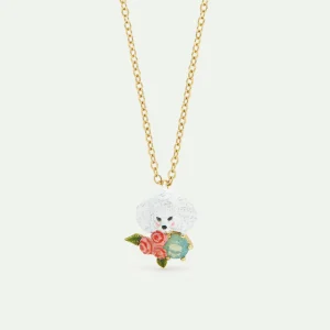 Collier pendentif caniche, fleurs roses et pierre bleue