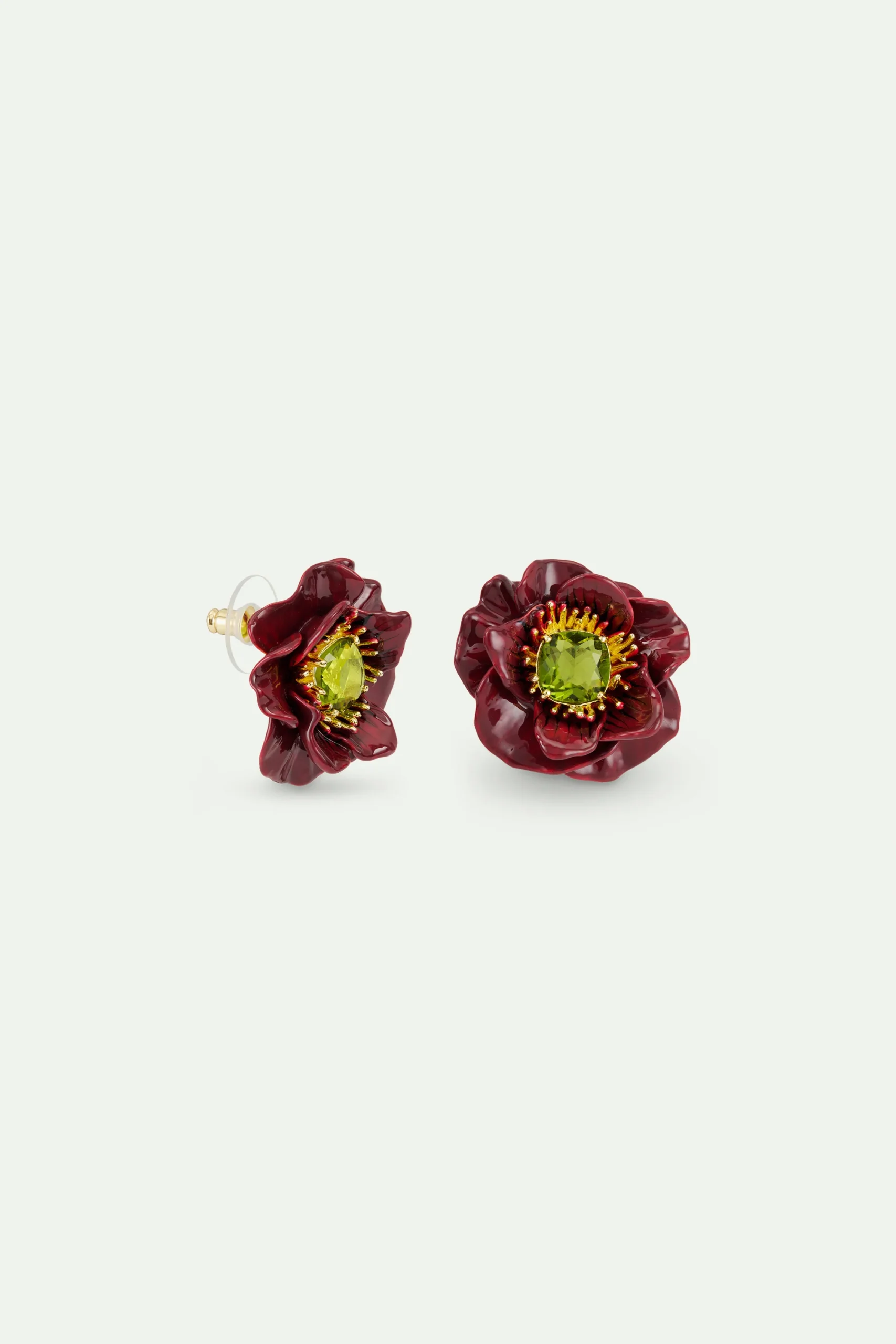 Boucles d'oreilles fleur d'anémone bordeaux et pierre facettée verte – Image 3