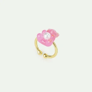 Bague ajustable nounours candy rose et perle fantaisie blanche