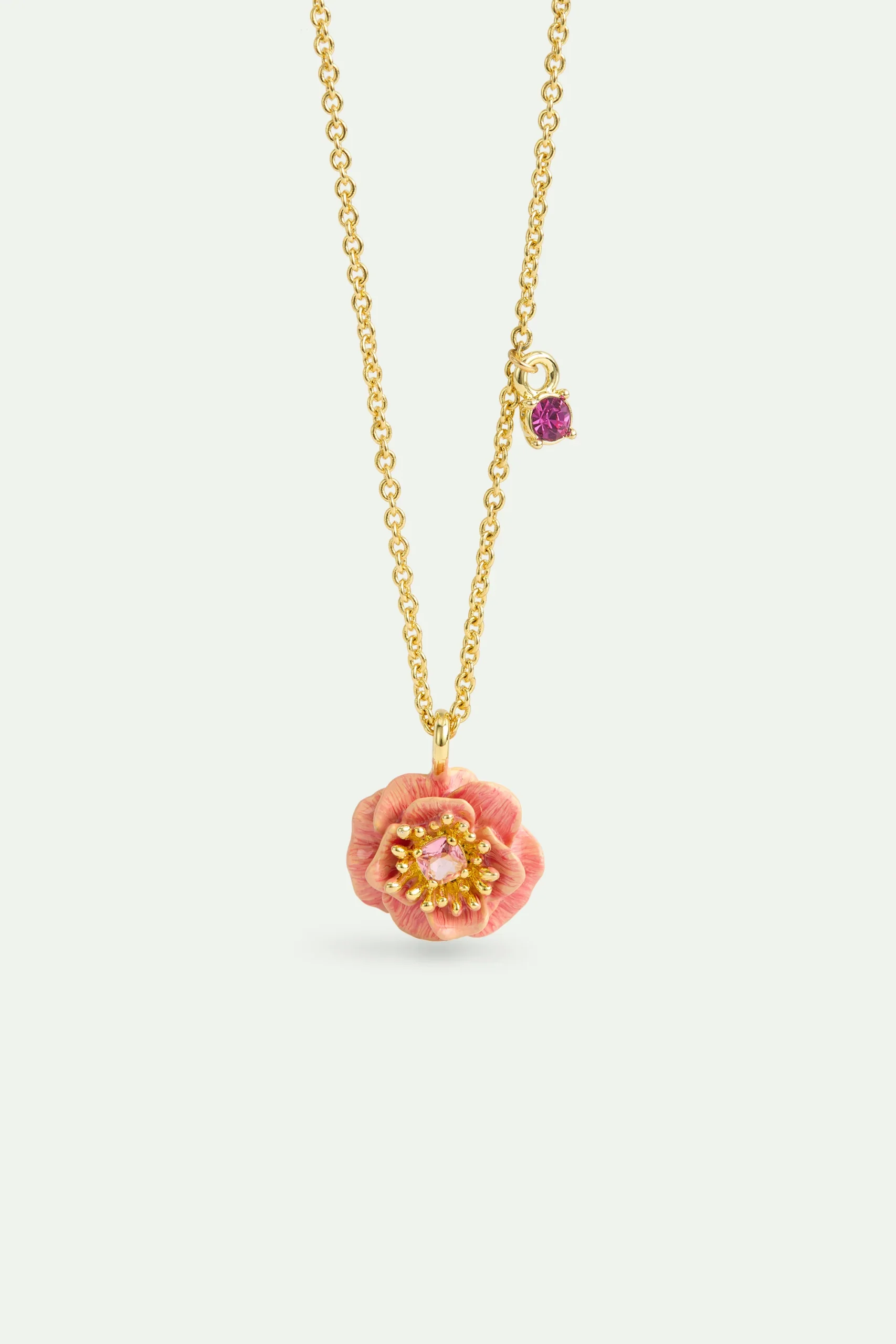 Collier pendentif anémone rose et cristal