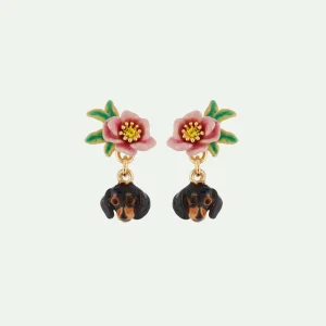Boucles d'oreilles tête de teckel et petite fleur