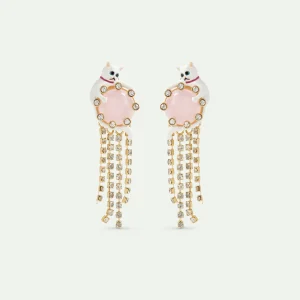 Boucles d'oreilles tiges pendantes chat blanc, pierre ronde rose, chaine strassée