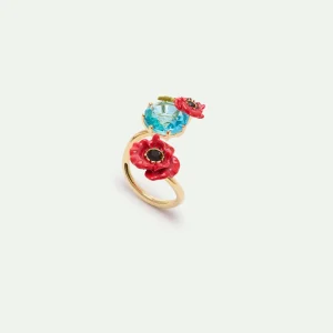 Bague ajustable pierre ronde bleue et coquelicot