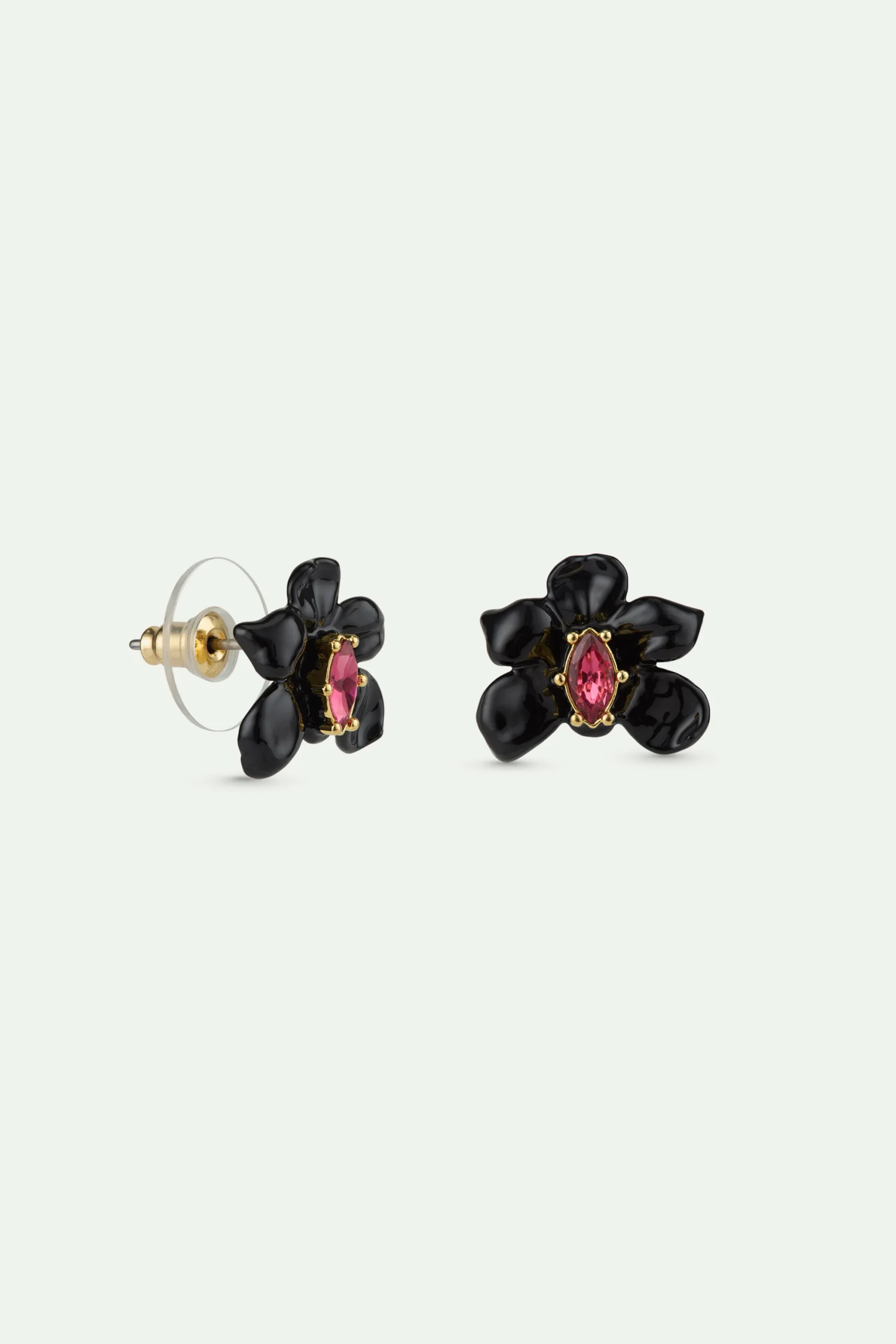 Boucles d'oreilles tiges orchidée noire et cristal rose – Image 3