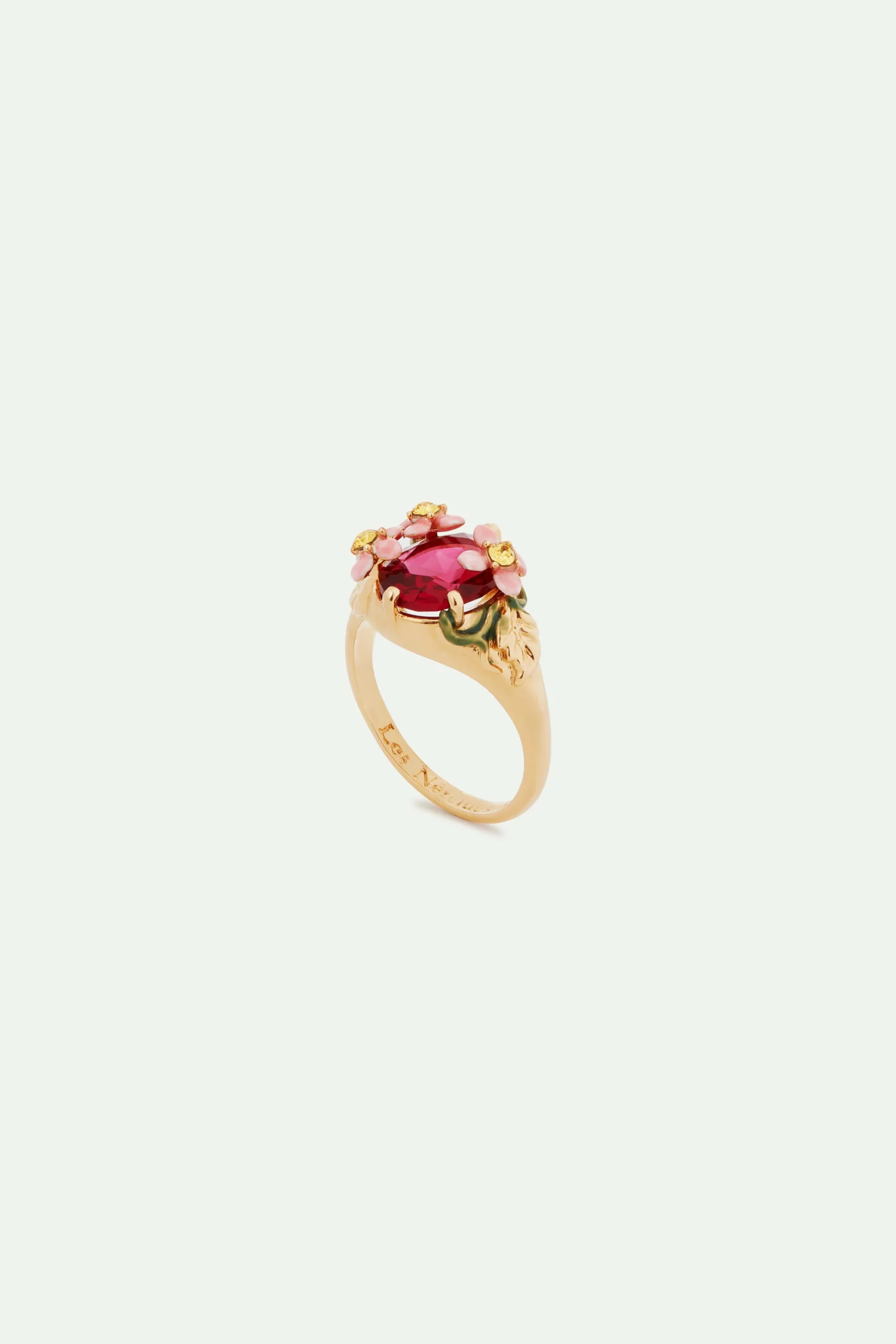 Bague cocktail verre facetté rose et fleurs roses