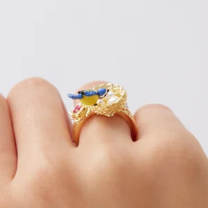 Bague nid doré, mésange et rose