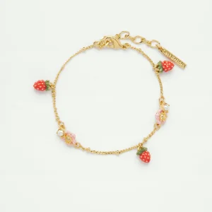 Bracelet charms fraises des bois et fleurs roses