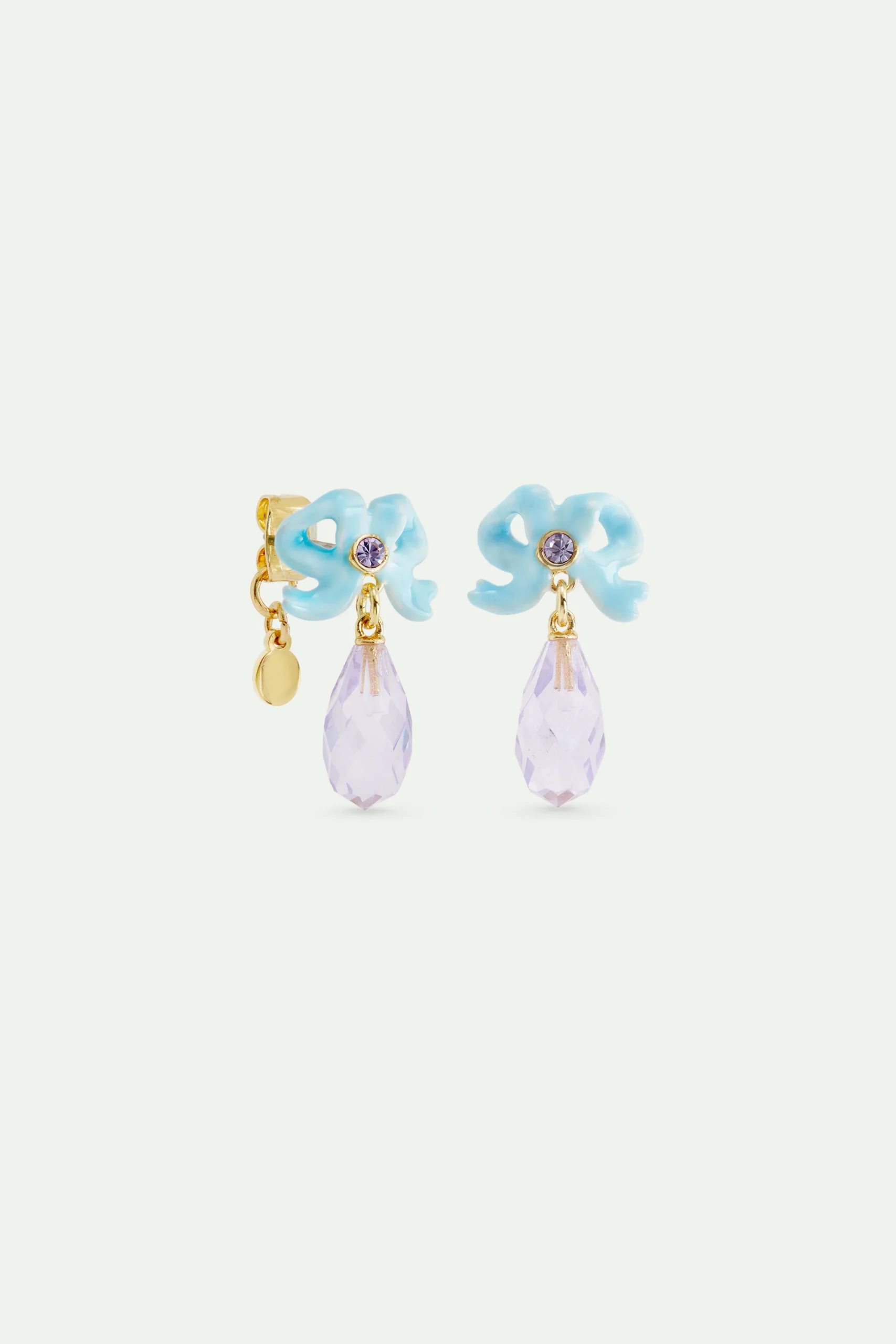 Boucles d'oreilles tiges mariage, ruban bleu et pierre taillée violette pendante – Image 2