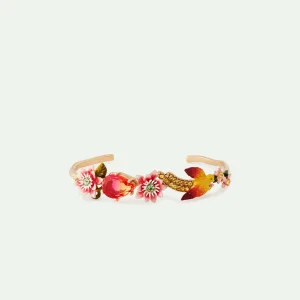 Bracelet jonc fleurs de Passifore, perruche et poire de verre facetté