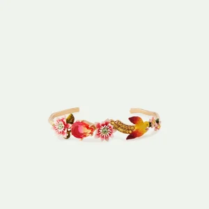 Bracelet jonc fleurs de Passifore, perruche et poire de verre facetté