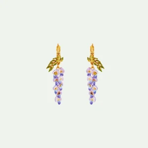 Boucles d'oreilles pendantes dormeuses fleur de glycine et feuillage