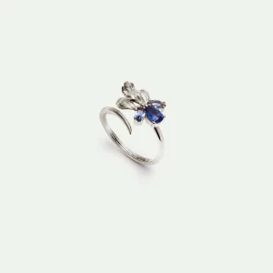 Bague ajustable iris argentées et pierres bleues