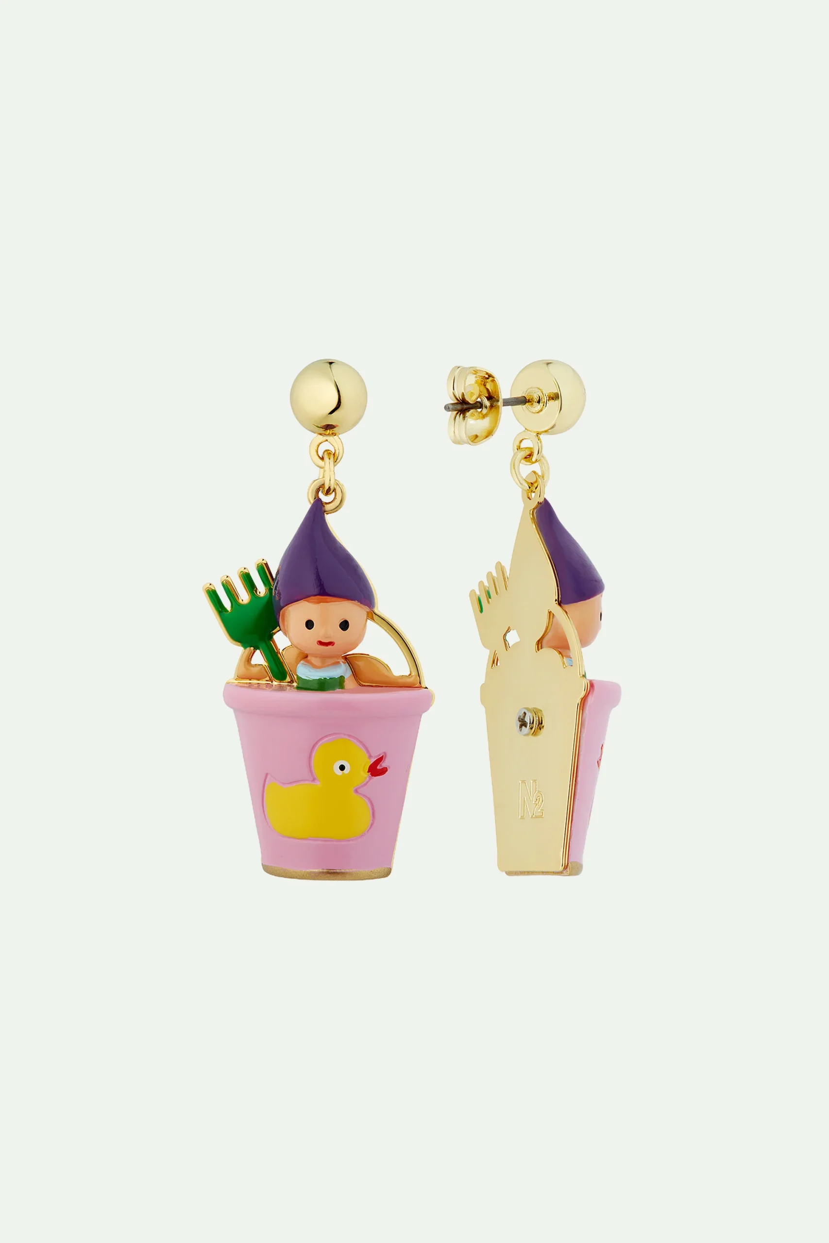 Boucles d'oreilles nain, râteau vert et sceau rose – Image 3