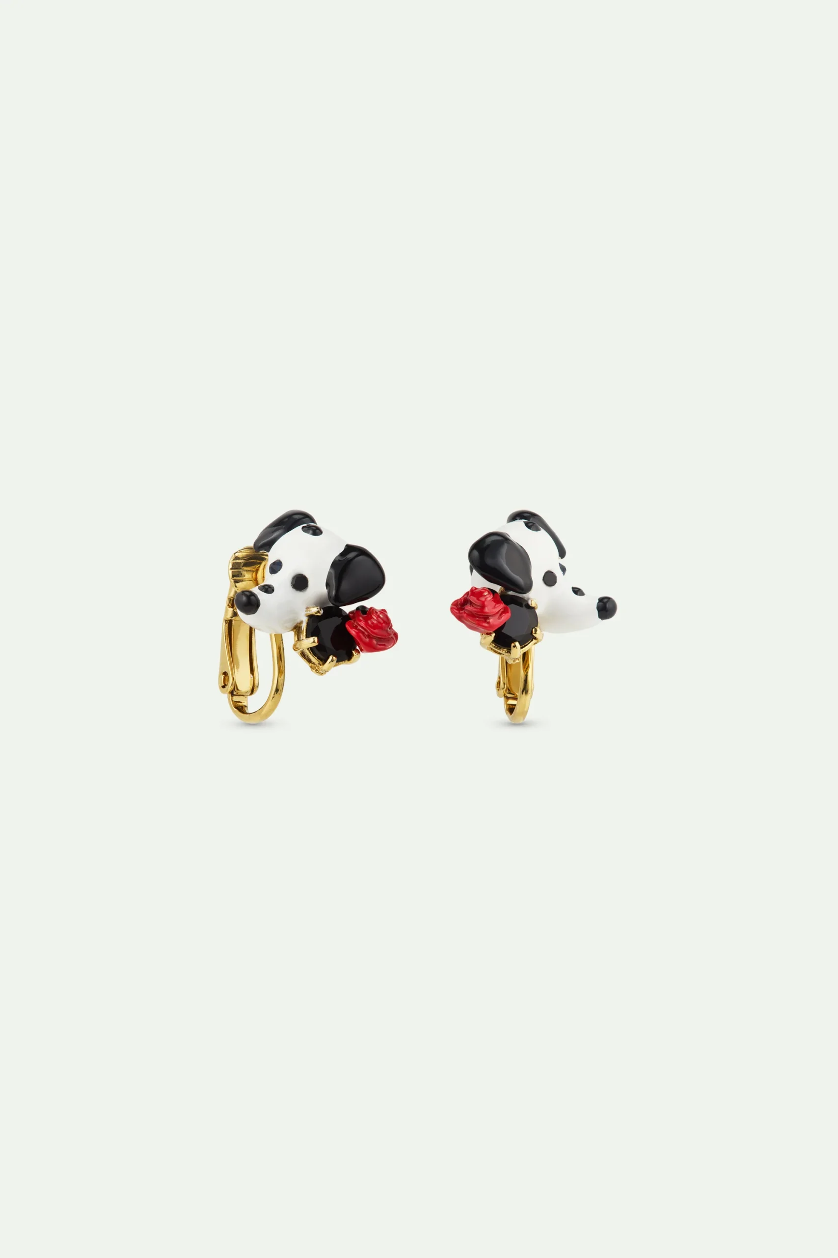 Boucles d'oreilles dalmatien, pierre ronde facettée noire et rose rouge – Image 5