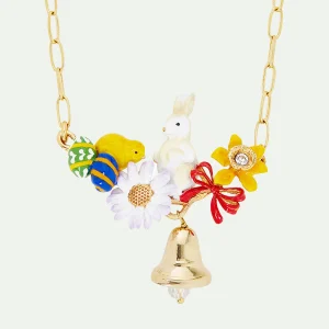 Collier plastron lapin, cloche, œuf de Pâques et fleurs