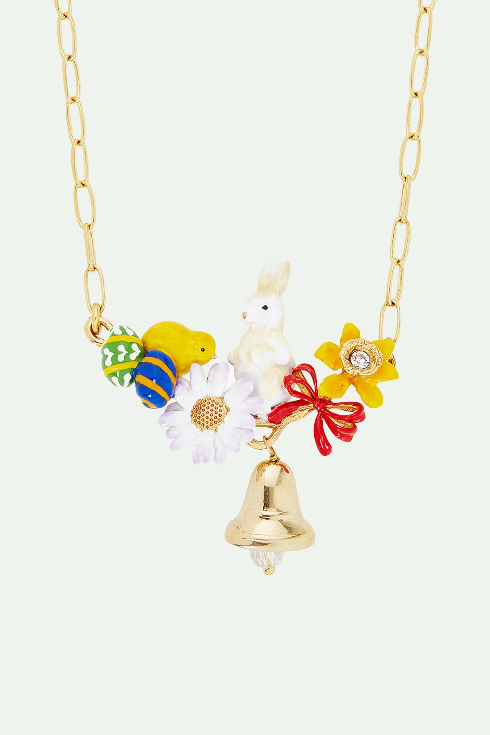 Collier plastron lapin, cloche, œuf de Pâques et fleurs