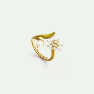 Bague ajustable pâquerette blanche et verte, perle nacrée