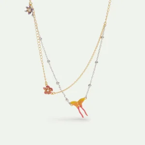 Collier double chaine bicolore, fleurs de magnolia et papillon