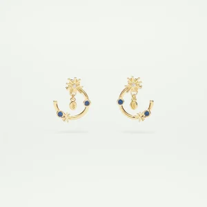 Boucles d'oreilles tiges créoles étoiles dorées et pierres bleu nuit
