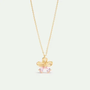 Collier pendentif doré fleur de cerisier et pierres roses