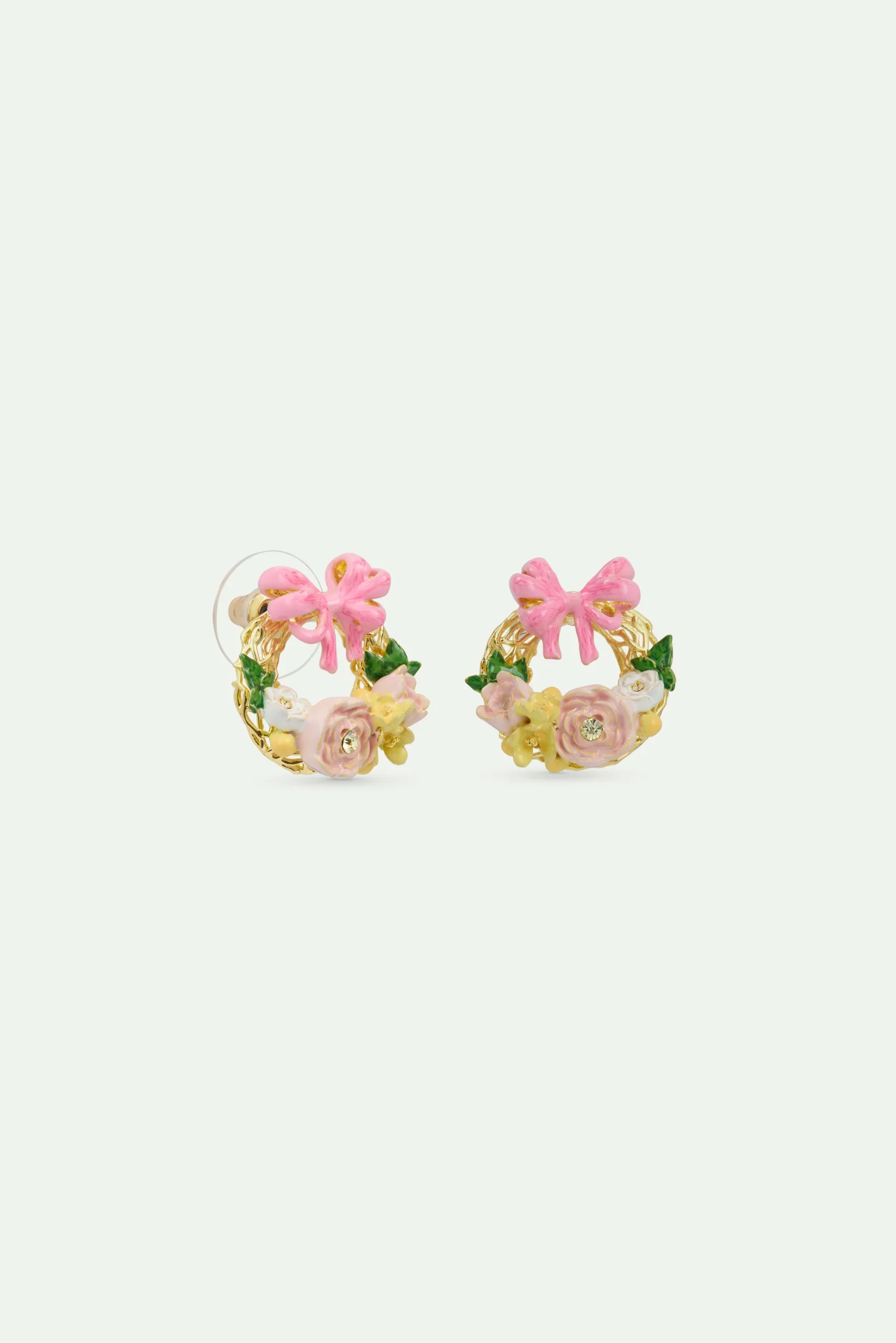 Boucles d'oreilles tiges couronne de fleurs et noeud rose – Image 3