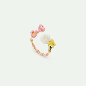 Bague ajustable ruban rose et fleurs