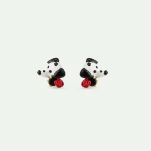 Boucles d'oreilles dalmatien, pierre ronde facettée noire et rose rouge