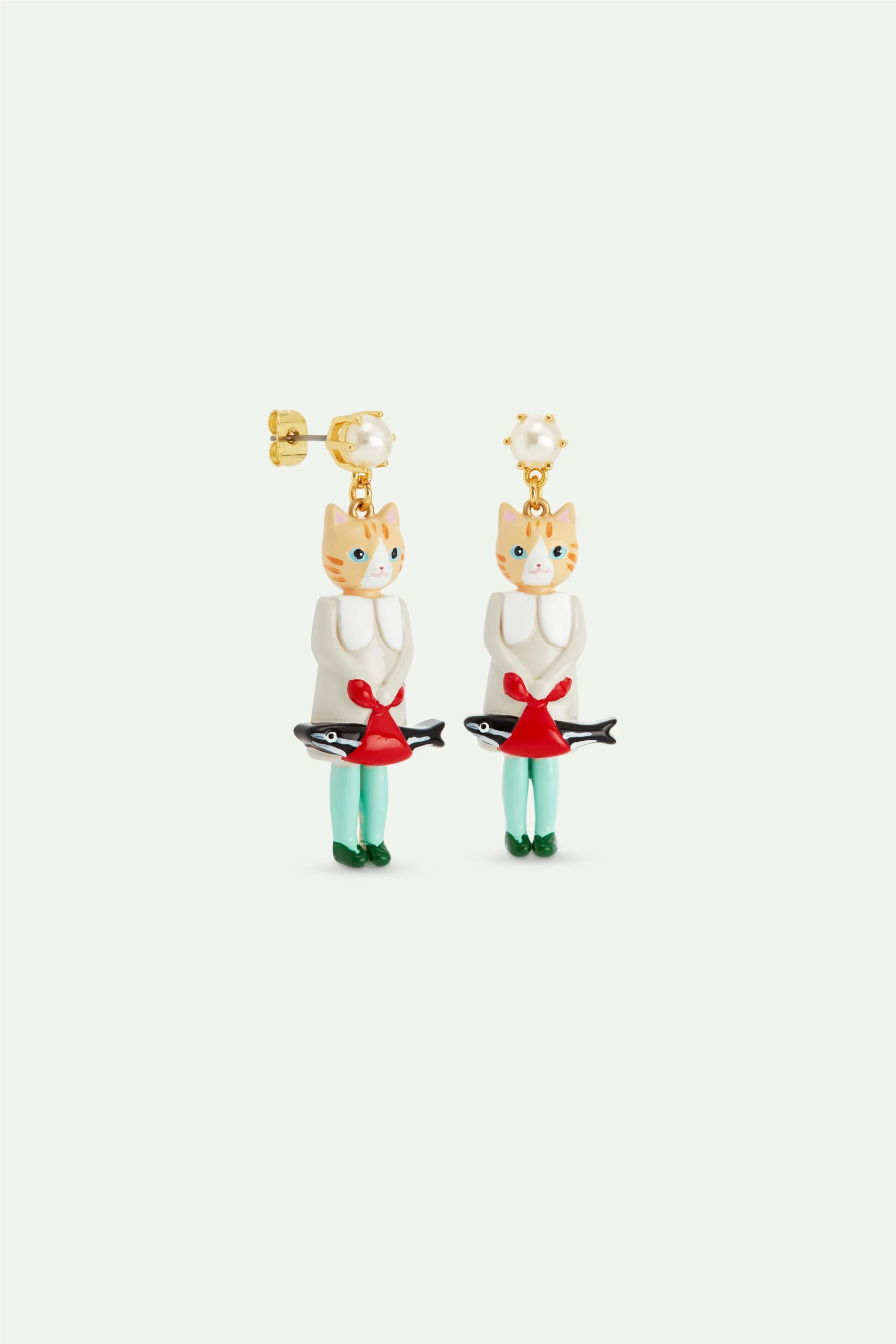 Boucles d'oreilles pendantes chat roux et poisson – Image 2