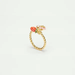 Bague ajustable fraise des bois et fleur rose