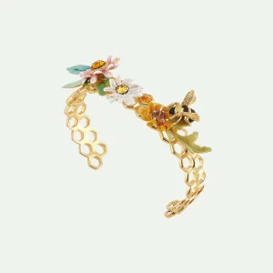 Bracelet jonc fleurs et alvéoles de miel