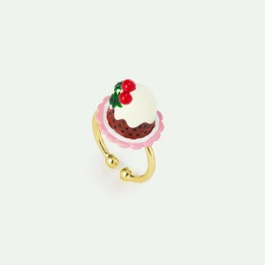 Bague ajustable pudding et perle de cristal facetté rouge