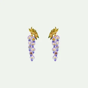 Boucles d'oreilles pendantes tiges fleur de glycine et feuillage