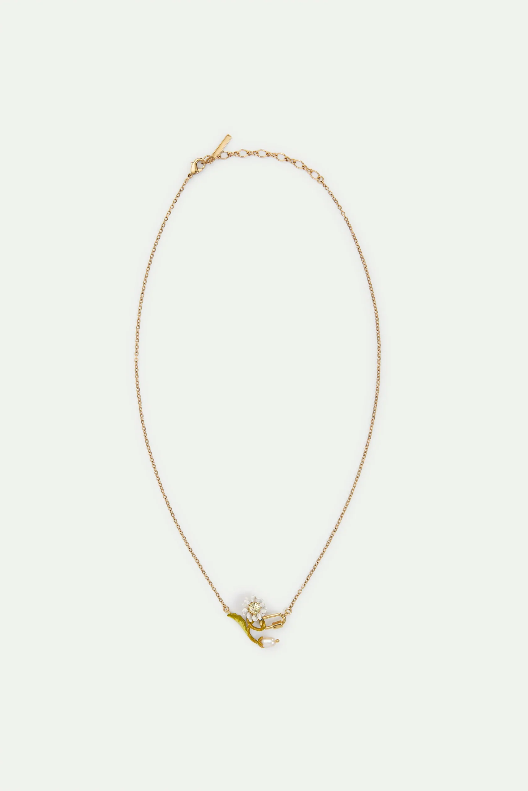 Collier fin pâquerette blanche et verte, perle nacrée, mousqueton – Image 4