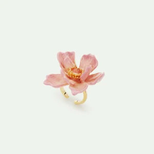 Bague grande fleur de magnolia rose et cabochon en verre