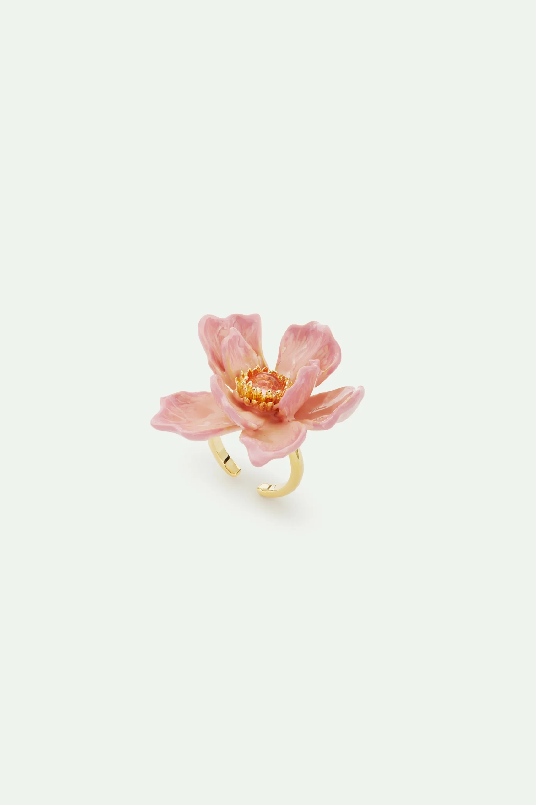 Bague grande fleur de magnolia rose et cabochon en verre